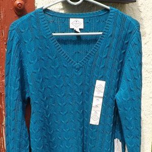 Teal Long Sleeve Cable Knit V-Neck Sweater
